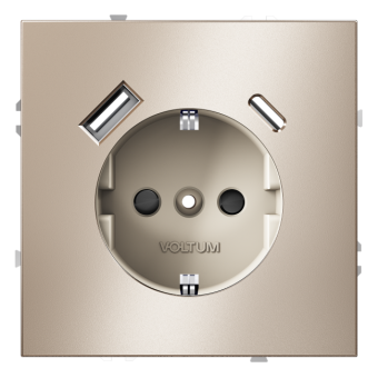 Розетка VOLTUM S70, с заземлением и защитными шторками, 16А, с USB, A+С, платина (металл) Розетка VOLTUM S70, с заземлением и защитными шторками, 16А, с USB, A+С, платина (металл)