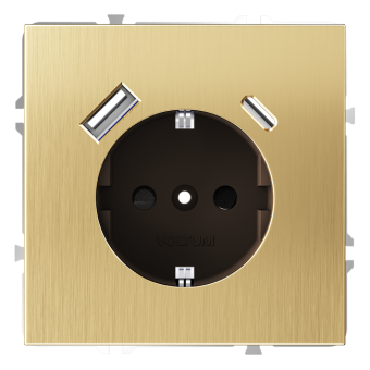 Розетка VOLTUM S70, с заземлением и защитными шторками, 16А, с USB, A+С, латунь (металл) Розетка VOLTUM S70, с заземлением и защитными шторками, 16А, с USB, A+С, латунь (металл)